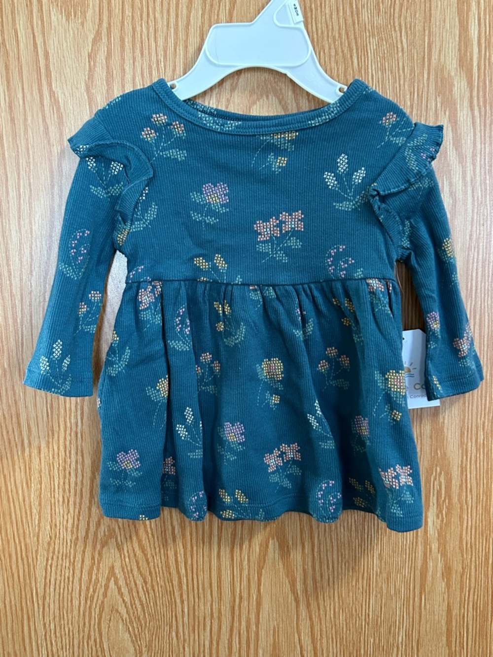 New Teal Stitch Flowers Ruffle Sleeve Dress